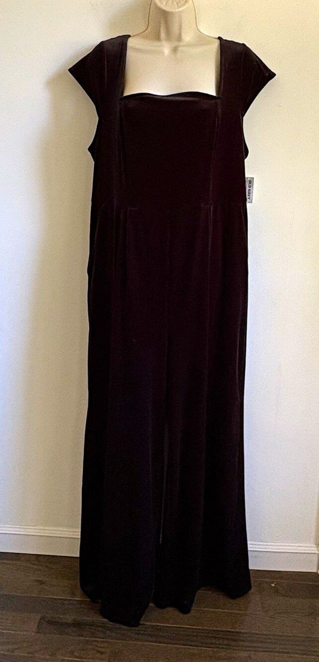 Old Navy Black Velvet Wide Leg Square Neck Stretch Jumpsuit XL Party whimsigoth
